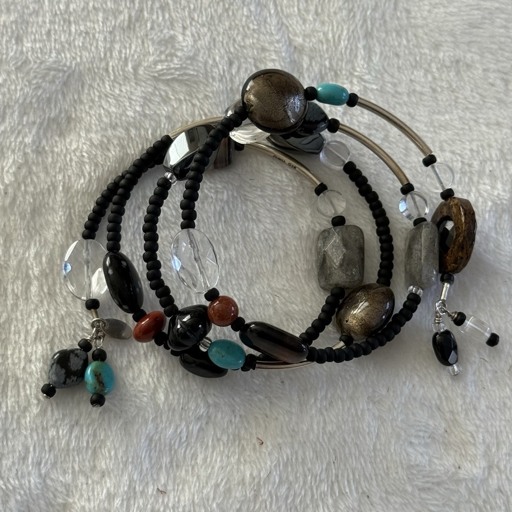 Signed LP Artisan Multi Strand Wrap Bracelet Turquoise Black Stone Beaded Boho